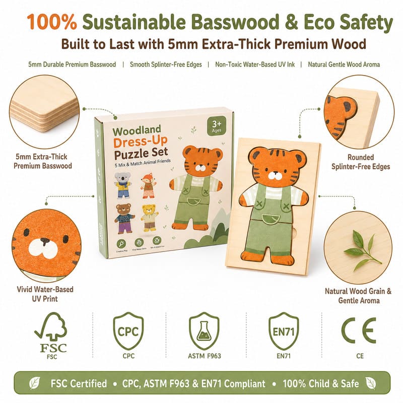 Woodland Animal Dress-Up Wooden Puzzle Set printing detail