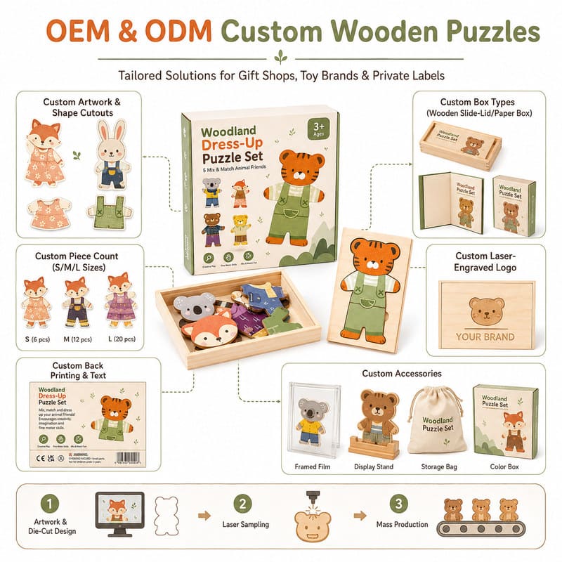 Woodland Animal Dress-Up Wooden Puzzle Set board and material detail