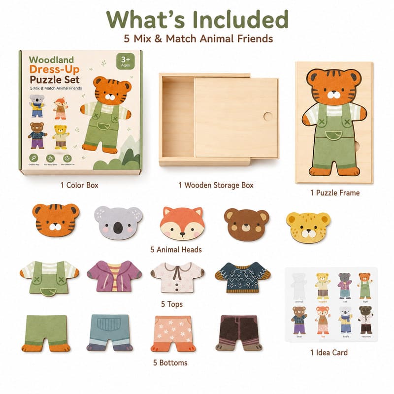 Woodland Animal Dress-Up Wooden Puzzle Set puzzle pieces and layout view