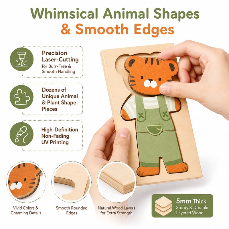 Woodland Animal Dress-Up Wooden Puzzle Set size and dimensions